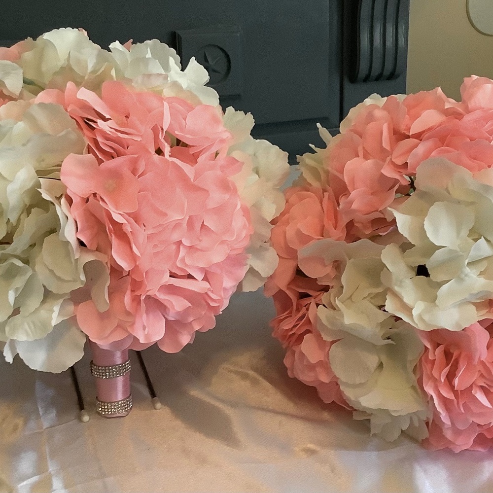 Set of 2 Pink and milky white hydrangeas wedding bouquets